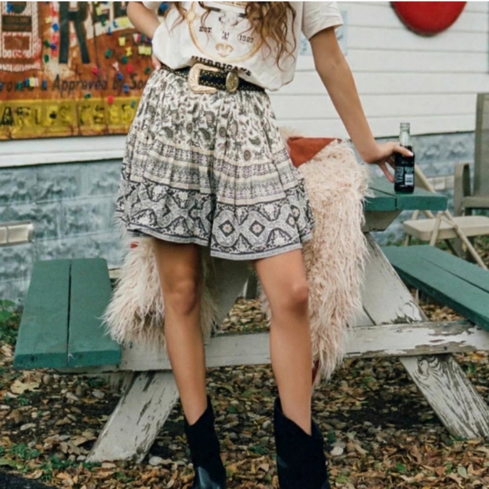 New! Cotton Boho Western Paisley Brown & Cream Print Lightweight Mini Skirt